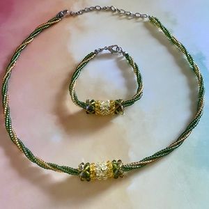 Handmade Thai Green Bead Necklace and Bracelet Set
